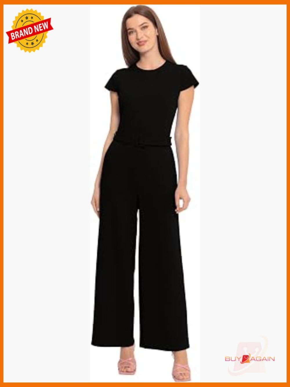 Wide Leg Jumpsuit with Belt Jewel Neck Short Sleeve Workwear Office Occasion